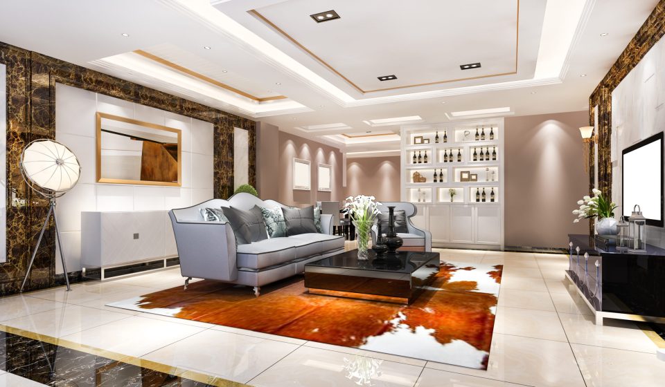 3d rendering modern dining room and living room with luxury decor