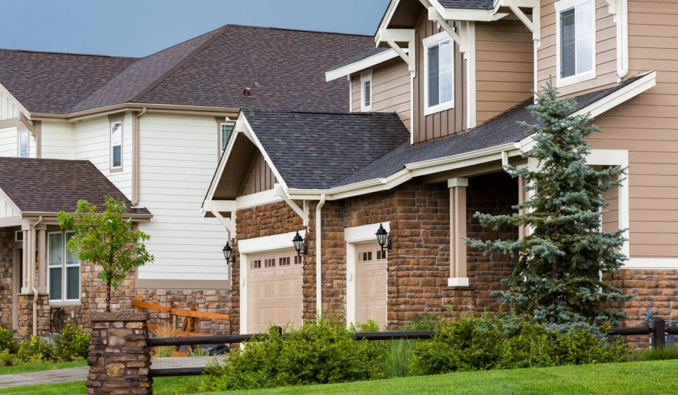 Typical American suburban community with model homes.